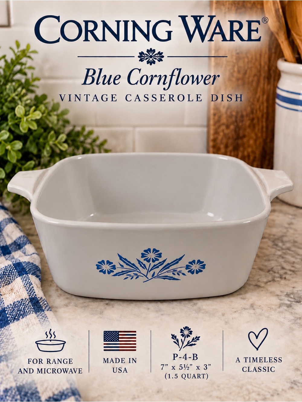 Vintage Corning Ware Blue Cornflower P-4-B 1.5 Qt Casserole Dish | USA